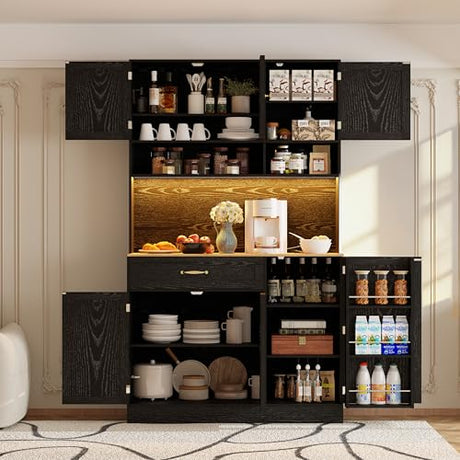 FJTJBSI 72" Kitchen Pantry Cabinet with LED Light and Charging Station Tall Pantry Storage Cabinet with Adjustable Shelves and Door Shelves Modern Kitchen Hutch with Countertop Black FJTJBSI