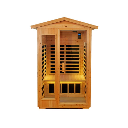 GAGALU Two-Person Far-Infrared Old Fir Outdoor Sauna, Temperature Adjustment 25-65℃, Touch Operation Screen, Seat Load-Bearing 300KG, Suitable for Heights 1.5-1.9M