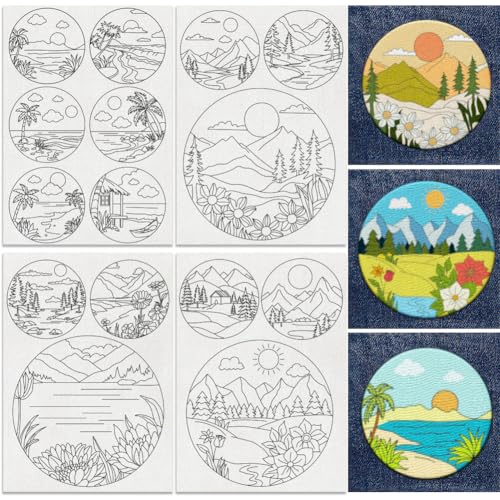 DOODLREAM 15pcs Natural Scenery Embroidery Kit, 8.3"x11.7" Water Soluble Stick & Stitch Embroidery Stickers, 4 Sheets, Mountain Sunset Hand Sewing DIY Embroidery Paper