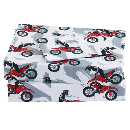 Viviland 3 Pieces Boys Grey Twin Sheet Set - Soft Microfiber Fitted Flat Sheets & Pillowcase - Red Motorcycle Print Bedding Sets - for Kids & Toddlers Viviland