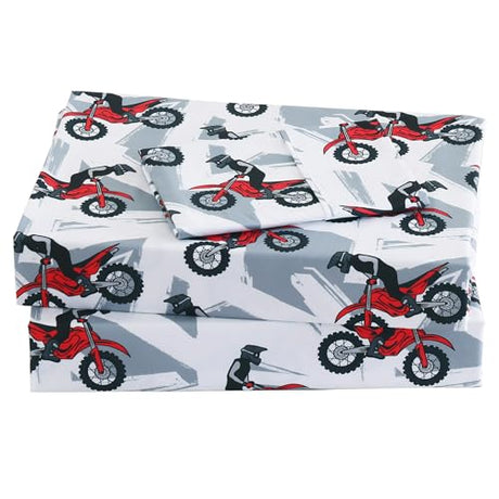 Viviland 3 Pieces Boys Grey Twin Sheet Set - Soft Microfiber Fitted Flat Sheets & Pillowcase - Red Motorcycle Print Bedding Sets - for Kids & Toddlers Viviland