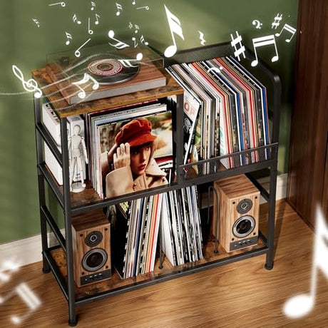 Huxitocan Record Player Stand Holds Up to 150 Albums with 4 Adjustable Dividers, Vintage Turntable Stand, End Table Vinyl Record Holder Huxitocan