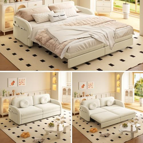LuxyHoom 65.4'' Pull Out Couch Bed Queen Size, Chenille Sleeper Sofa Daybed, 3 in 1 Convertible Couches, Futon Sofa with 2 Pillows, Storage Pockets, USB, Loveseat for Small Spaces, Living Room, Beige LuxyHoom