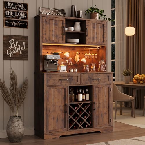 72" Coffee Bar Cabinet with Power Outlet & LED Light, Farmhouse Large Kitchen Hutch with Sliding Barn Door, Tall Bar Cabinets with Storage Drawers & Wine Glass Rack,Pantry China Cabinet,Vintage Brown Jocoevol