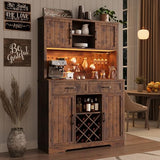 72" Coffee Bar Cabinet with Power Outlet & LED Light, Farmhouse Large Kitchen Hutch with Sliding Barn Door, Tall Bar Cabinets with Storage Drawers & Wine Glass Rack,Pantry China Cabinet,Vintage Brown Jocoevol