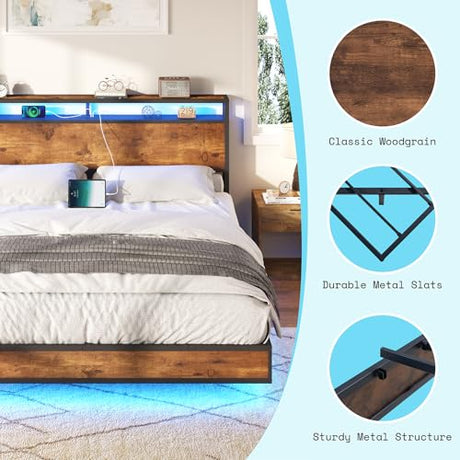 AMERLIFE King Size Floating Bed Frame with 2-Tier Storage Headboard, Metal Bed Frame with Charging Station & LED Lights, No Box Spring Needed, Rustic Brown AMERLIFE