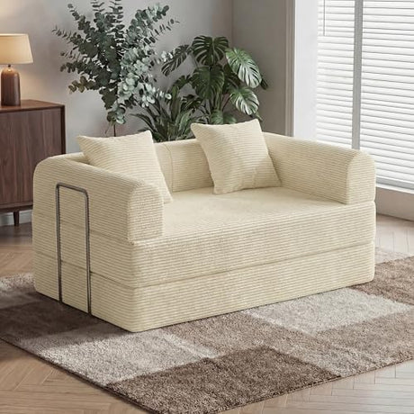 HouseMila 59" Boneless Couch,4-in-1 Futon Sofa Bed Modular Loveseat Sleeper Folding Compressed Couch with Pillows,No Assembly Required Convertible Sofa Bed for Living Room Bedroom Guest Room,Beige HouseMila