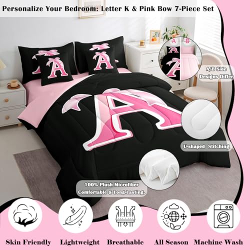 jejeloiu Kids Girls Black Pink Bow Comforter Set with Sheets Twin Size Monogrammed 7 Piece Bedding Set Personalized Initial A Bed in a Bag with Comforter,Sheets,Pillowcases Modern Fashion Bed Set jejeloiu