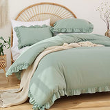 JANZAA Twin Comforter Set Sage Green Comforter Set 2PCS Ruffled and 1 Pillow Case Fluffy Vintage Farmhouse Shabby Chic Bedding Soft All Season JANZAA