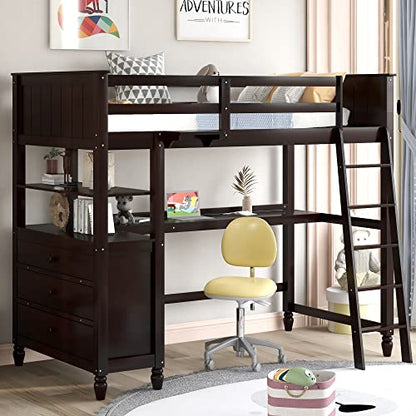 Twin Size Loft Bed with Desk and Drawers, Solid Wood Loft Bed with Storage Shelves for Kids Teens Adults - Espresso - WoodArtSupply