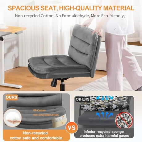 COMHOMA Cross Legged Office Chair with Wheels Armless-Office Desk Chair, Modern Vanity Computer Task Chairs for Home Bedroom, Comfortable Wide Seat for Lower Back Pain Relief, Soft Velvet, Gray COMHOMA