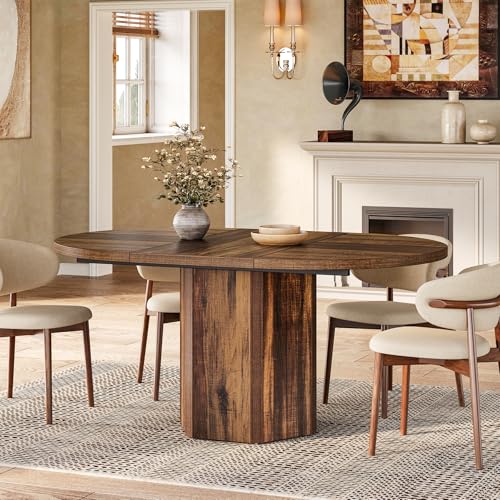 LITTLE TREE 55-Inch Rustic Oval Dining Table for 6, Wood Kitchen Table, Country Chic Furniture for Kitchen, Dining Room & Living Room Wooden Base, Brown Finish LITTLE TREE