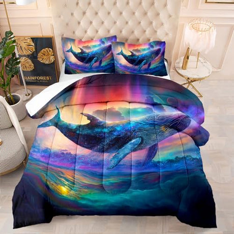 DYcolor Ocean Whale Printed Quilt, 3pcs Flying Whale Swimming in The Colorful Sky Comforter Set with 1 Comforter & 2 Pillow Cases for Kids, Girls, Teens, Adults (ColorWhale, Queen) DYcolor