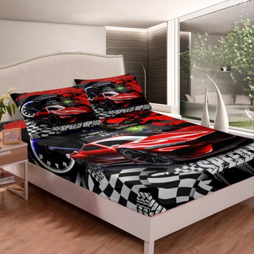 Feelyou Kids Twin Size Red Sports Car Bed Sheet Set for Boys & Girls, Race Car Bedding with Buffalo Plaid Bed Cover Feelyou