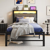 BOFENG Twin Bed Frame with Charging Station,LED Lights,Upholstered Storage Headboard,Heavy Duty Metal Platform Single Bed Frame Twin Size No Box Spring Needed,Solid and Stable,Noise Free,Grey BOFENG