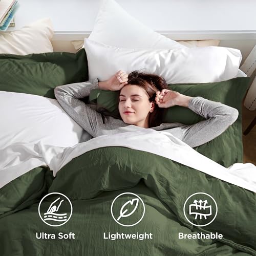 Bedsure Olive Green Duvet Cover Queen Size - 3 Pieces Prewashed Cotton-Like Polyester Extra Soft Bedding Set, Includes 1 Duvet Cover 90x90 Inches with Zipper Closure & 2 Pillow Shams, No Comforter Bedsure
