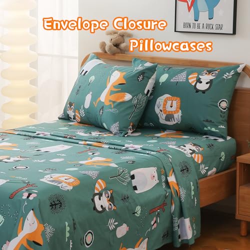 JSD Green Forest Animals Kids Sheet Set Twin Size, 3 Piece Woodland Printed Microfiber Bed Sheets Deep Pocket JSD