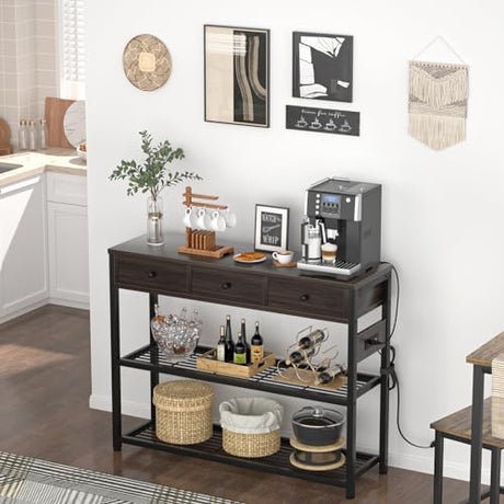Ecoprsio 47'' Black Walnut Console Table with USB Ports, 3 Drawers & Storage Shelves Ecoprsio
