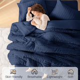 MUXHOMO 7 Pieces Queen Comforter Set, Seersucker Bed in a Bag Queen Size, All Season Luxury Bedding Set with Comforter, Flat Sheet, Fitted Sheet, Pillowcases & Shams, Navy Blue MUXHOMO