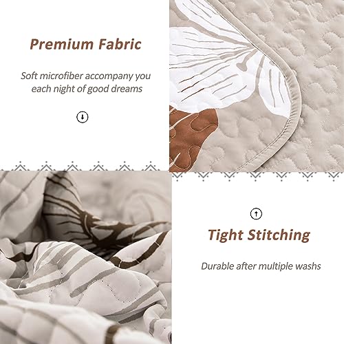 DJY 3 Pieces Quilt Set King Taupe Floral Pattern Quilt Coverlet Set Boho Floral Bedspread with 2 Pillow Shams Elegant Flower Bedding Quilt Set for All Season (Brown, 104"x 90") DJY