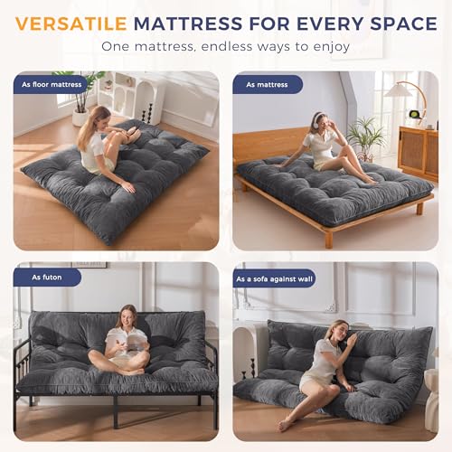 MAXYOYO Japanese Floor Mattress Full Size, 6" Foldable Futon Mattress Tufted Roll Up Floor Bed, Thick Polyester Tatami Mat Sleeping Pad for Camping Guest Room Dormitory Bedroom RV, Dark Grey MAXYOYO