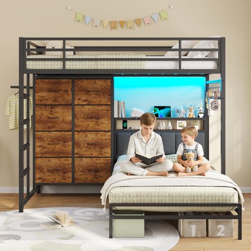 DICTAC Twin Over Twin Bunk Bed with 8 Storage Drawers and Led Lights Metal Bunk Beds with Storage Headboard and Charging Station,L-Shaped bunk Bed for Kids/Teen with Safety Guardrail and Ladder,Black DICTAC