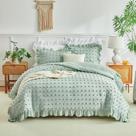 Flysheep Tufted Dots Ruffle Comforter Set Twin Size, 3 Pieces Green Vintage Farmhouse Shabby Chic Comforters, Jacquard Boho Bohemian Bedding Set for Kids (1 Ruffled Comforter+ 2 Pillow Shams) Flysheep
