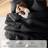 MUXHOMO 7 Pieces Queen Comforter Set, Seersucker Bed in a Bag Queen Size, All Season Luxury Bedding Set with Comforter, Flat Sheet, Fitted Sheet, Pillowcases & Shams, Black MUXHOMO