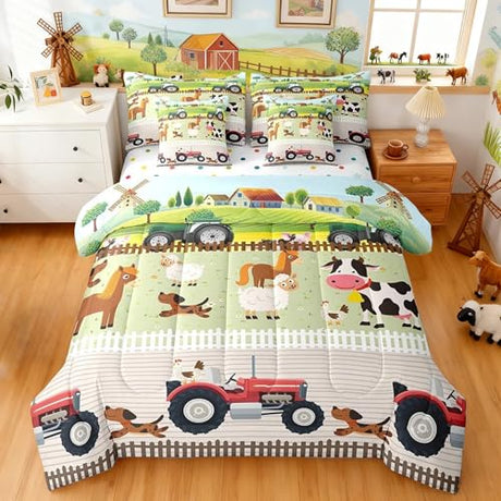 Tractor 7 Piece Bedding Sets Boys Queen, Toddler Kids Cute Cartoon Farm Animals Comforter Set & Sheets Set Farmhouse Bed Set with Comforter, Sheet Set, Pillowcases & Pillow Covers - Soft Breathable Feelyou
