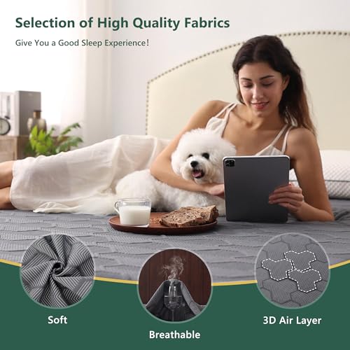 Queen Size Waterproof Mattress Protector, 40% Rayon Derived from Bamboo Grey Mattress Pad Cover, 3D Air Fabric Breathable Mattress Pad Fitted with Deep Pocket 6"- 15" Machine Washable FELTYBED
