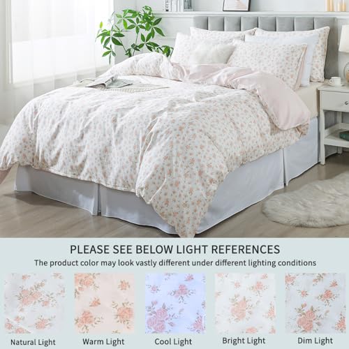 FADFAY Full Duvet Cover Set Pink Floral Comforter Cover 100% Cotton Girls Pink White Flower Bedding Garden Style Blush Bedding for All Season Soft Bedding with 2 Pillowcases, Full FADFAY