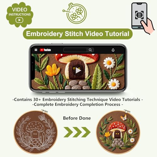Santune 3 Pack Embroidery Kit Cross Stitch Needlepoint Kits for Beginners Adult Needle Point Sets with Mushroom & Horse Embroidery Patterns, Includes Step-By-Step Instructions & Accessories
