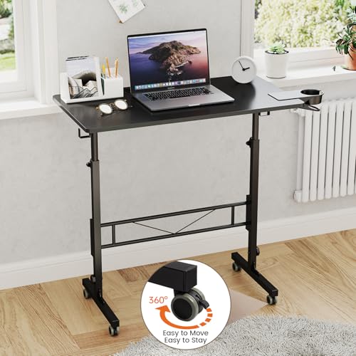 Hadulcet Small Standing Desk Adjustable Height, Mobile Stand Up Desk with Wheels, Portable Walking Pad Table Stand, Rolling Laptop Cart for Standing or Sitting, Black Hadulcet