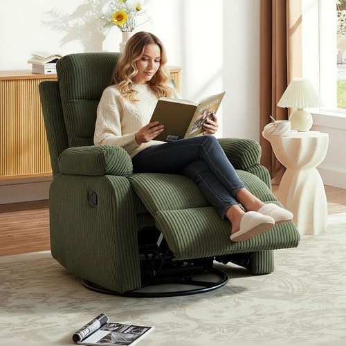 GAOHAPY Rocking Recliner Chair,Modern Swivel Glider Recliner Chair,Corduroy Fabric Upholstery Recliner,Manual Reclining Sofa Chair for Living Room,Office,Apartment (Green)