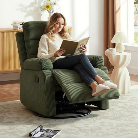 GAOHAPY Rocking Recliner Chair,Modern Swivel Glider Recliner Chair,Corduroy Fabric Upholstery Recliner,Manual Reclining Sofa Chair for Living Room,Office,Apartment (Green) GAOHAPY