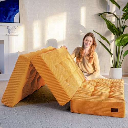 MAXYOYO Tri-Fold Mattress, 6 Inch Tufted Folding Futon Bed, Foldable Floor Couch Guest Bed Futon Portable Camping Sleeping Mat with Corded Fabric, Orange MAXYOYO