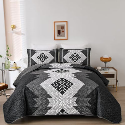 Dintszyayue Boho Quilt Set King Size 3 Pieces Black Grey Aztec Texture Bedspread Coverlet Set Bohemian Quilt Bedding Set Microfiber Lightweight Bed Cover for All Seasons 90"×103"