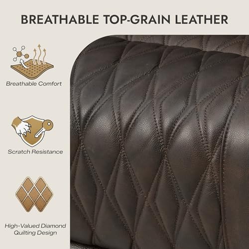 Watson & Whitely Genuine Leather Power Recliner Chair with Power Headrest, Lay Flat Home Theater Recliner with LED Lighting, Massage & Heat, Arm Storage & Cup Holders for Living Room, Brown