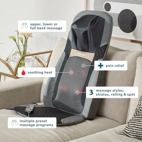 HoMedics Back Massager with Heat, Shiatsu Elite II Heated Neck and Back Massage Cushion. 3 Different Massage Styles and 3 Massage Zones. Comes with Controller and Chair Straps Homedics