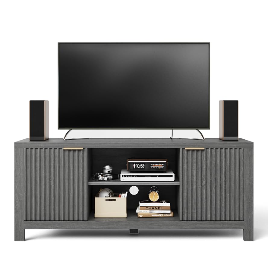 GarveeHome 59" TV Stand for TVs Up to 65 Inches, Mid Century Modern TV Entertainment Center with Storage Cabinets & Open Shelves, Wood TV Cabinet for Living Room, Gray Oak GarveeHome