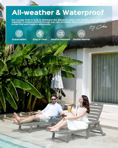 Outdoor Lounge Chair Set of 4, All Weather Patio Chaise Lounge Chairs for Outside, HDPE Chair with Rolling Wheels & Cup Holder, 5 Position, Deck, Pool, Grey