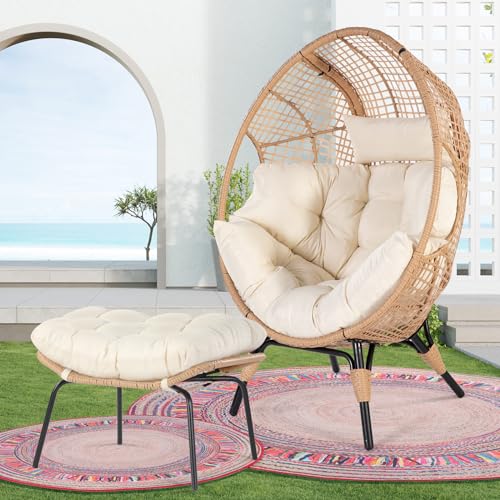 NICESOUL® Wicker Stationary Egg Chair Indoor Outdoor Egg Basket Lounge Chair Oversized Thick Cushions Egg Seat with Legs 440lbs Egg Nest Chair with Ottoman, Boho Rattan Chair for Patio Beige