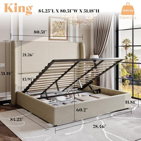 AMERLIFE Lift Up Storage Bed King Size Linen Upholstered Platform Bed Frame, Hydraulic Storage,Modern Wingback Headboard, No Box Spring Needed, Khaki AMERLIFE