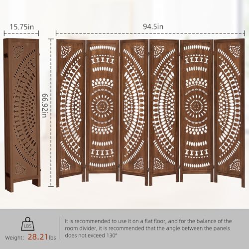 Aletheiawu Room Divider Panel, 6 Panel Boho Room Divider Wall, Wood Room Dividers and Folding Privacy Screens, Boho Room Partitions and Dividers for Bedroom, Dark Brown Aletheiawu