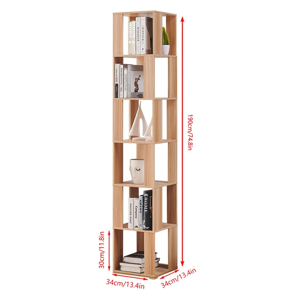 Rotating Bookshelf,6 Tier 360 Floor Standing Revolving Bookcase Storage Rack,Wood Narrow Bookshelf for Small Space,Corner Book Shelf Organizer for Bedroom, Living Room (Burlywood)