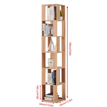 Rotating Bookshelf,6 Tier 360 Floor Standing Revolving Bookcase Storage Rack,Wood Narrow Bookshelf for Small Space,Corner Book Shelf Organizer for Bedroom, Living Room (Burlywood)