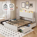 Full Bed Frame with 4 Drawers and Storage Headboard, Upholstered Platform Bed Frame Full Size with Led Lights and Handy Charging Station, No Box Spring Needed, Easy Assembly, Noise Free, Beige TIGUBFRE