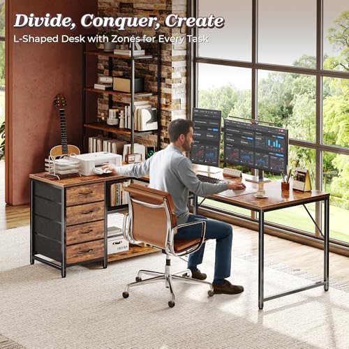 PRAISUN 61" L Shaped Desk with Power Outlets and USB-C Port, Reversible Computer Corner Office Desk with 4 Fabric Drawers and 2 Height-Adjustable Shelves, Large for Gaming Writing Study, Rustic Brown PRAISUN