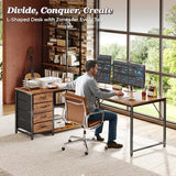 PRAISUN 61" L Shaped Desk with Power Outlets and USB-C Port, Reversible Computer Corner Office Desk with 4 Fabric Drawers and 2 Height-Adjustable Shelves, Large for Gaming Writing Study, Rustic Brown PRAISUN
