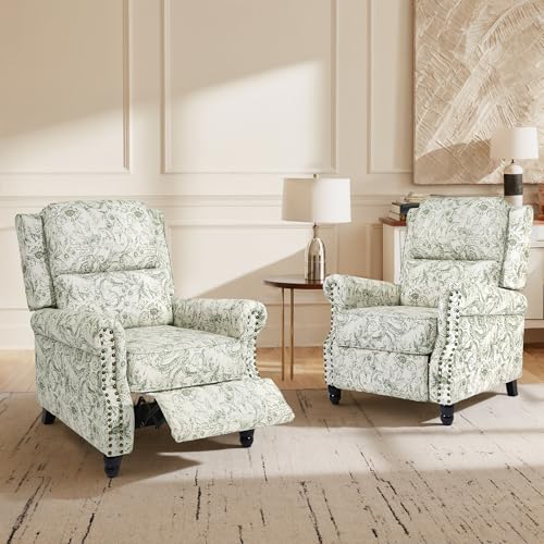 Blissabod Pushback Recliner Chairs Set of 2, Green Pattern Wingback Recliner Chair in Fabric, Upholstered Push Back Armchair Recliner, Single Sofa with Trim Wood Legs for Living Room (Rococo Green)